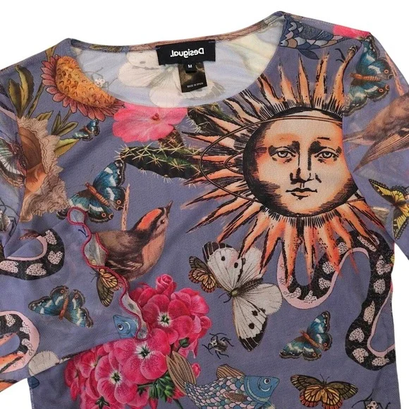 Desigual Women's M Sheer Mesh Top Blue Celestial Nature L/S Ruched Lettuce Edge - Picture 3 of 7